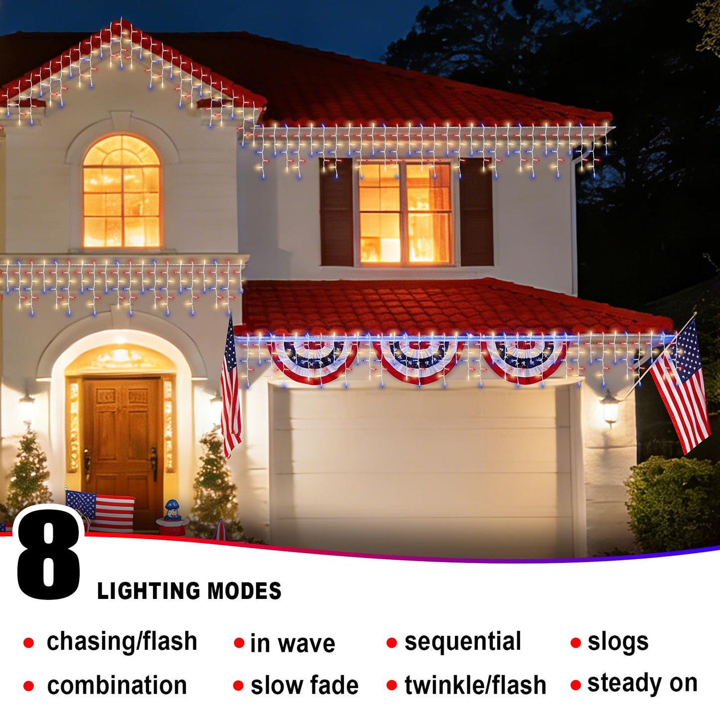 TWINGLEHOME 100 Incandescent Icicle String Lights with White Wire, Multifunctional Modes Lighting (Red, White, Blue) for Nation Day