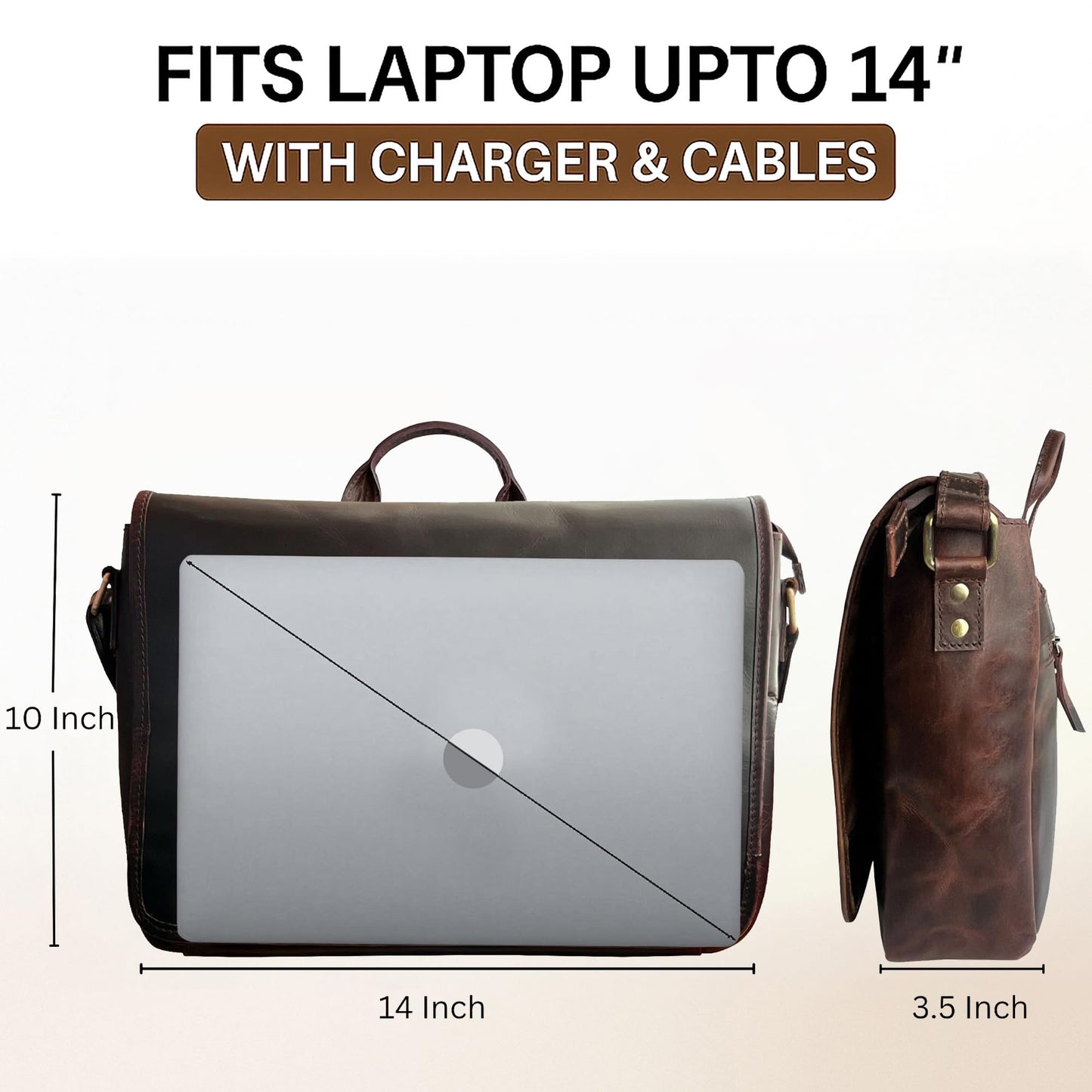 Leather Messenger Bag for Men 14 inch Leather Laptop Bag Vintage Crossbody Office Satchel Travel Shoulder Bag, Dark Brown