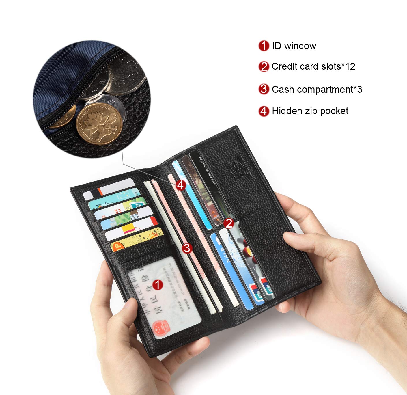 BISON DENIM RFID Bifold Wallets Slim Credit Card Wallet Real Leather Mens Long Wallet with Zipper Coin Pocket
