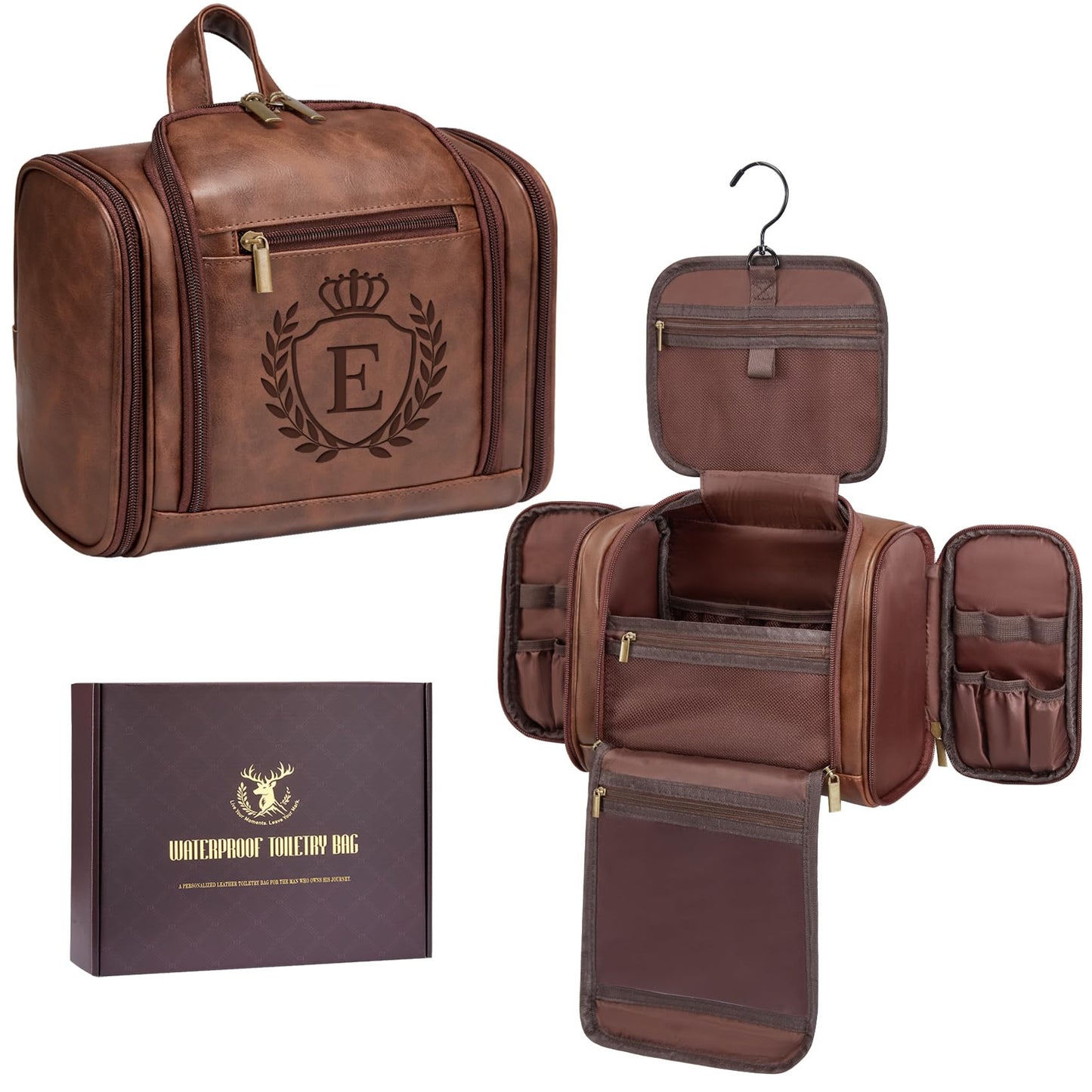 Aganmi Personalized Easter Birthday Gifts for Men Large Leather Travel Toiletry Bag Hanging Shaving Dopp Kit, Mens Traveling Essentials Accessories Organizer Case Cognac Brown Initial Letter E