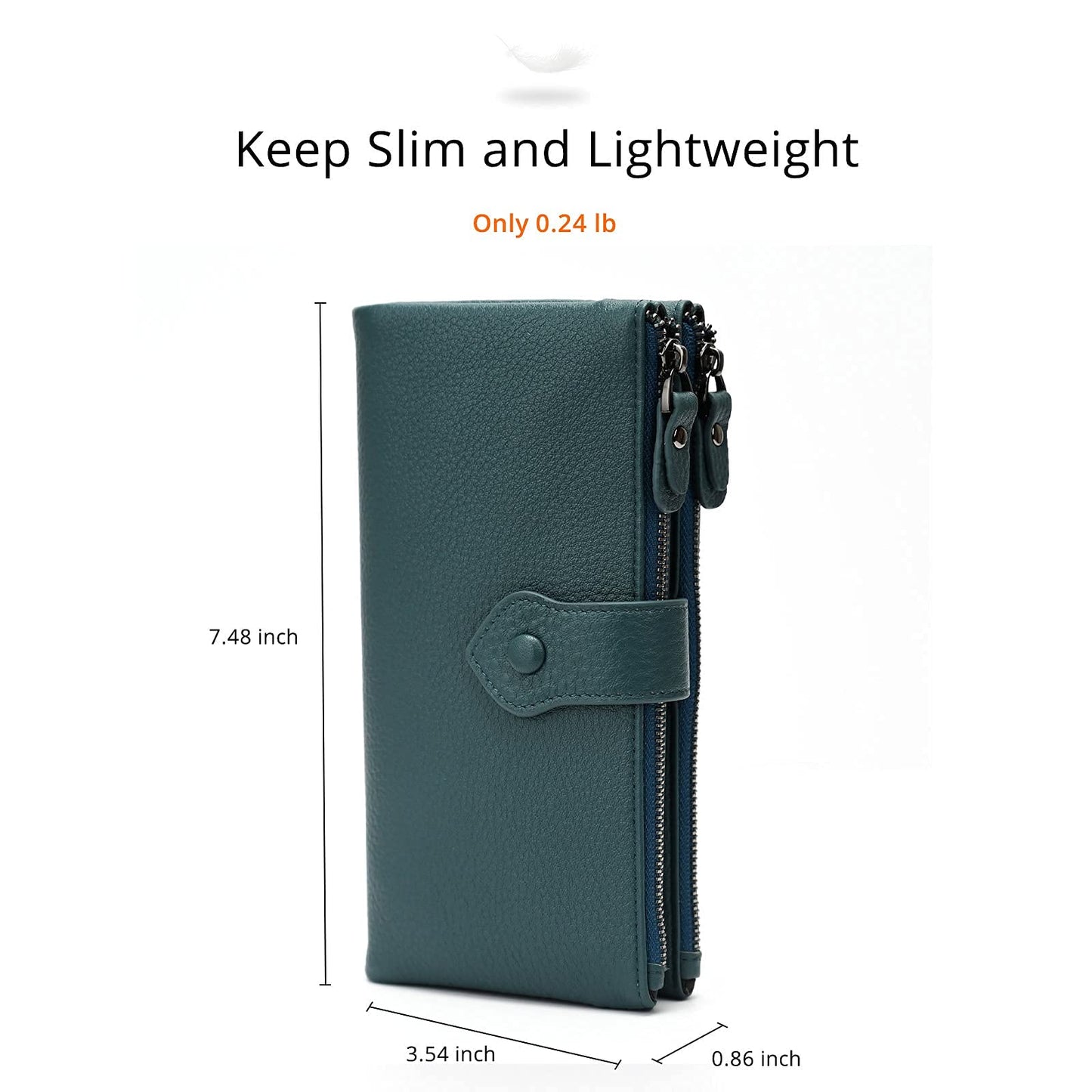 Bveyzi Women Soft Leather RFID Blocking Bifold Slim Wallets Ladies Credit Card Holder Double Zipper Pocket(Blue)