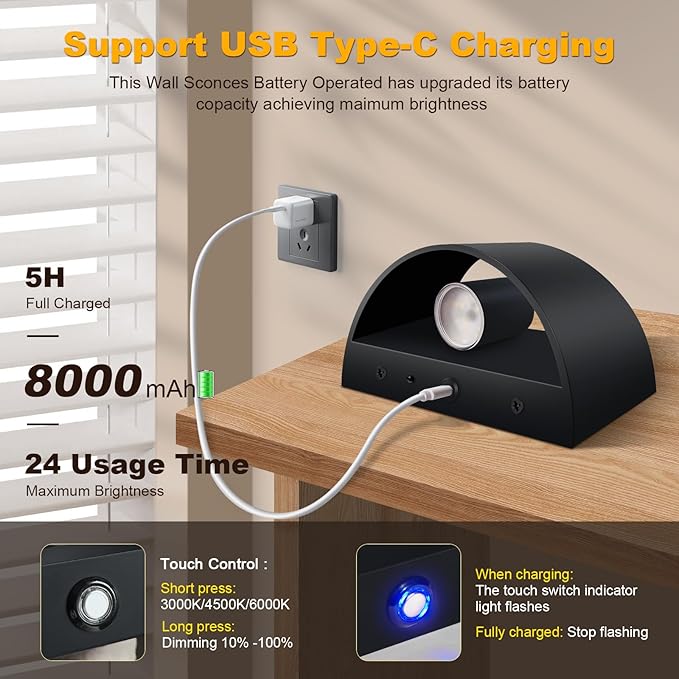 Battery Operated Wall Sconces Set of 2, 8000mAh Rechargeable Wireless Remote & Touch Control Battery Wall Lights, 3 Color Temperatures, Timer Cordless Dimmable Light for Bedroom, Living Room, Hallway