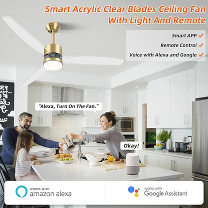 OKELI 52" Smart Ceiling Fan with Light, WiFi Enabled for Alexa & App Control, Reversible Gold Modern Ceiling Fan with Dimmable LED Light and Remote, Clear Blades for Living Room Bedroom