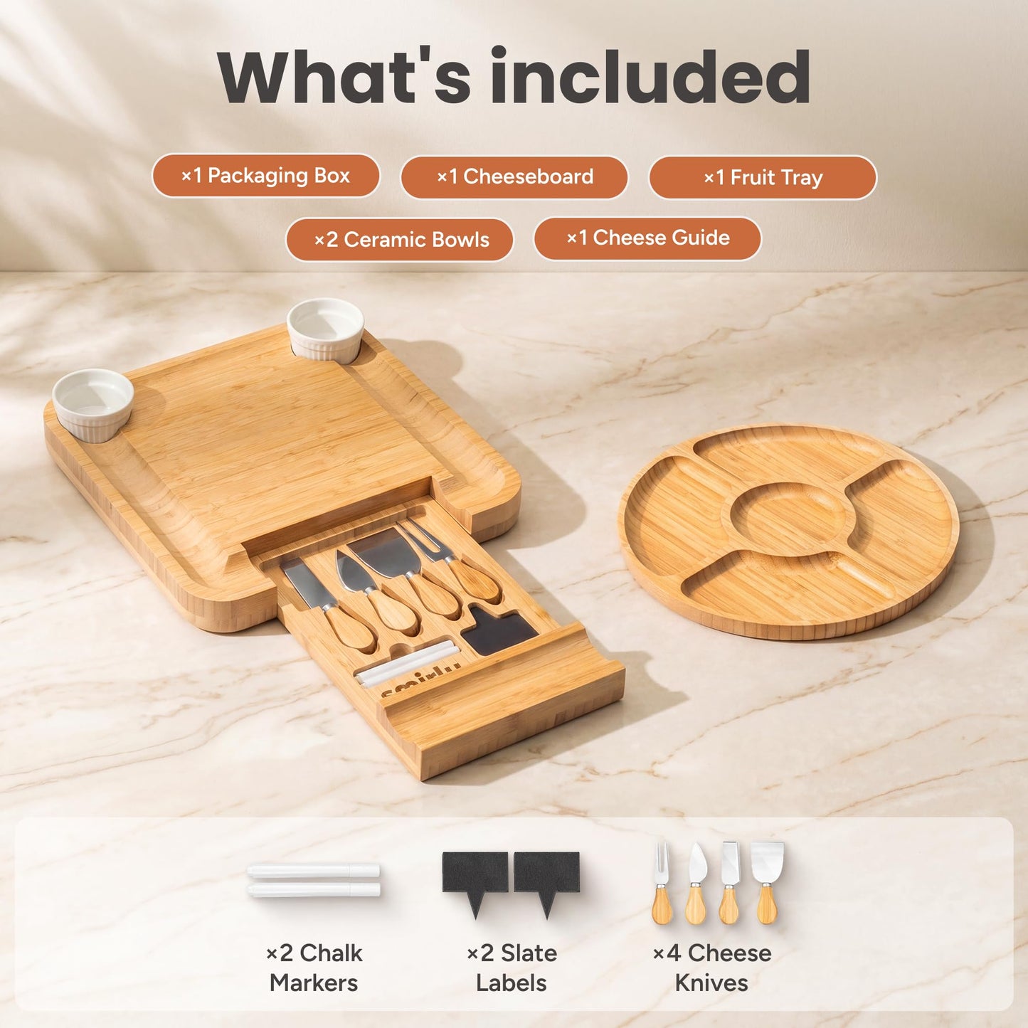 SMIRLY Charcuterie Large Bamboo Cheese Board Set for Serving - House Warming Gifts for New Home, Wedding, Bridal Shower & Birthday, for Women