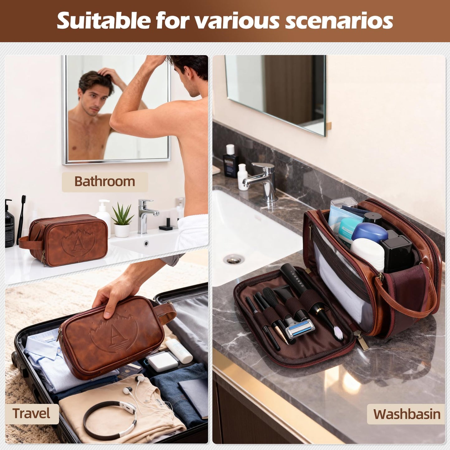 Ecttunafe Personalized Fathers Day Presents Travel Toiletry Bag for Men, Engraved Initial PU Leather Waterproof Shaving Bag, Best Dad Birthday Gift Ideas for Dad Father New Dad Papa Elderly,A