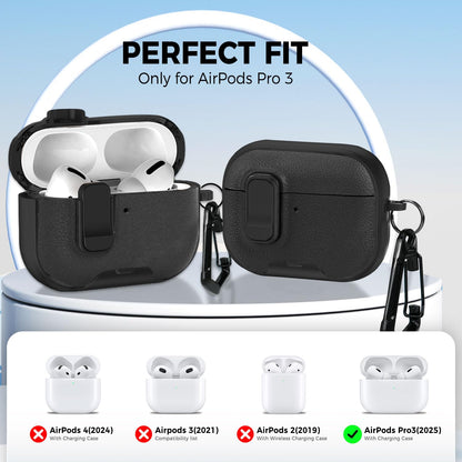 for AirPods Pro 3 Case 2025 3rd Generation with Cleaner Kit,Black Leather Protective Cover with Lock/Stand Compatible with Apple New Air Podspro3,Headphone Case Funda with Carabiner Accessories 4 Men