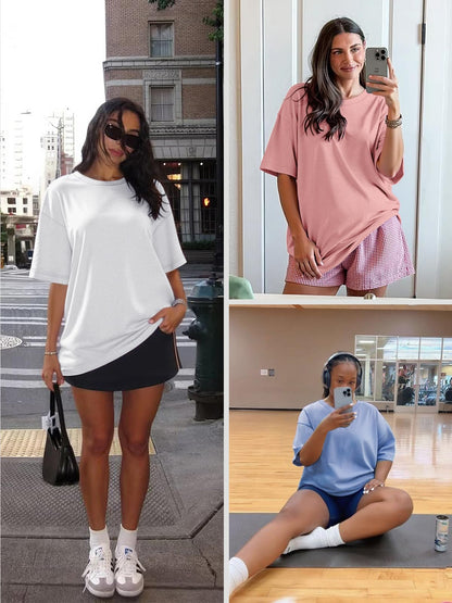 ATHMILE Womens Summer Spring Oversized T Shirts Loose Fit Crewneck Short Sleeve Tops Casual Blouse Y2K 2025 Basic Tee Beach Black