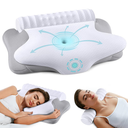onesmile Cervical and Roll Neck Pillow-2 in 1 Removable Ergonomic for Pain Relief, Support for Sleeping, Memory Foam for Side, Back & Stomach Sleepers (White)