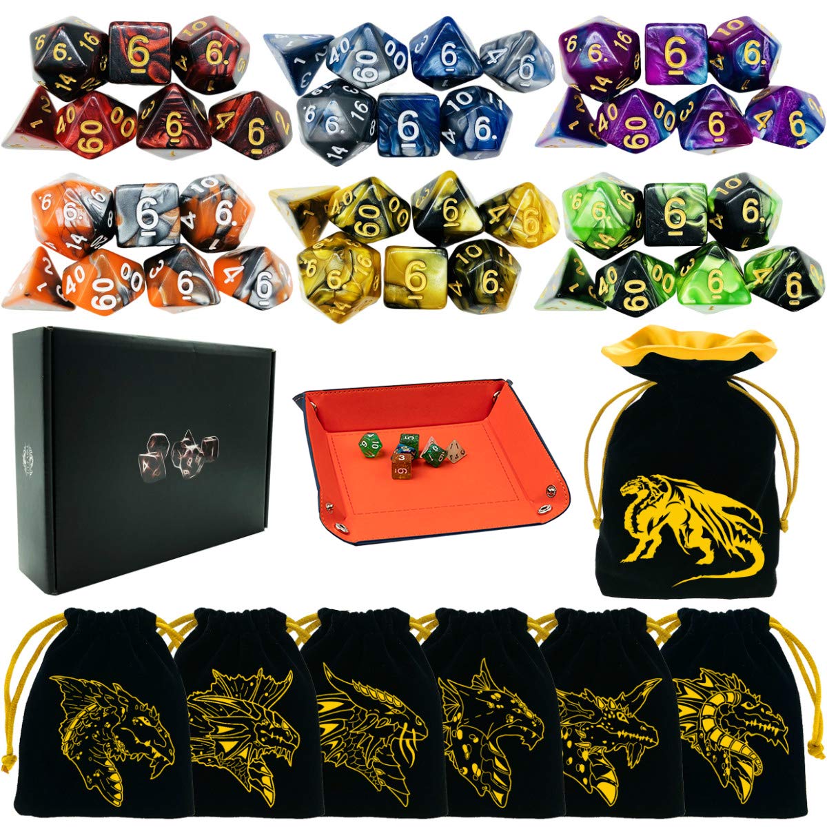 TOYFUL 6 Sets Double-Color Polyhedral Dice for DND, RPG, MTG & Table Games - 7pcs Set (d20, d12, 2x d10, d8, d6, d4) with 6 Drawstring Bags, 1 Big Bag, 1 PU Leather Dice Tray & Sticker