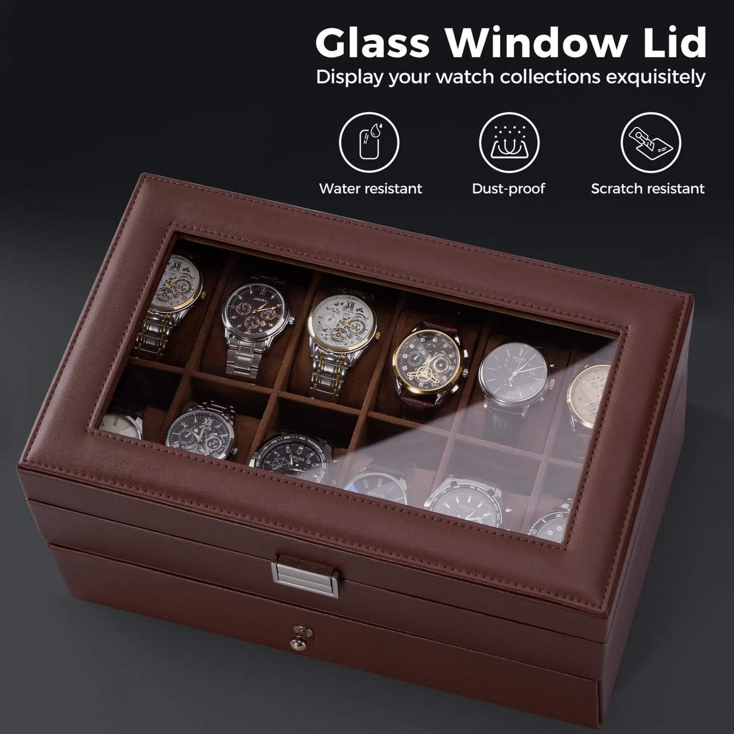 ProCase Watch Box, Fathers Day Gift for Dad, 12 Slot Mens Watch Case With Drawer, 2-Layer Watch Display Case With Glass Lid, Mens Jewelry Box Storage Holder Organizer -12Slot, Espresso