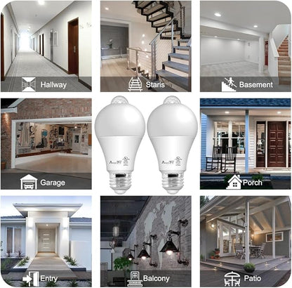 AmeriTop Motion Sensor Light Bulb- 4 Pack, 10W(60W Equivalent) 806lm Motion Activated Dusk to Dawn Security LED Bulb; UL Listed, A19, E26, Auto On/Off Indoor Outdoor Lighting (5000K Daylight)