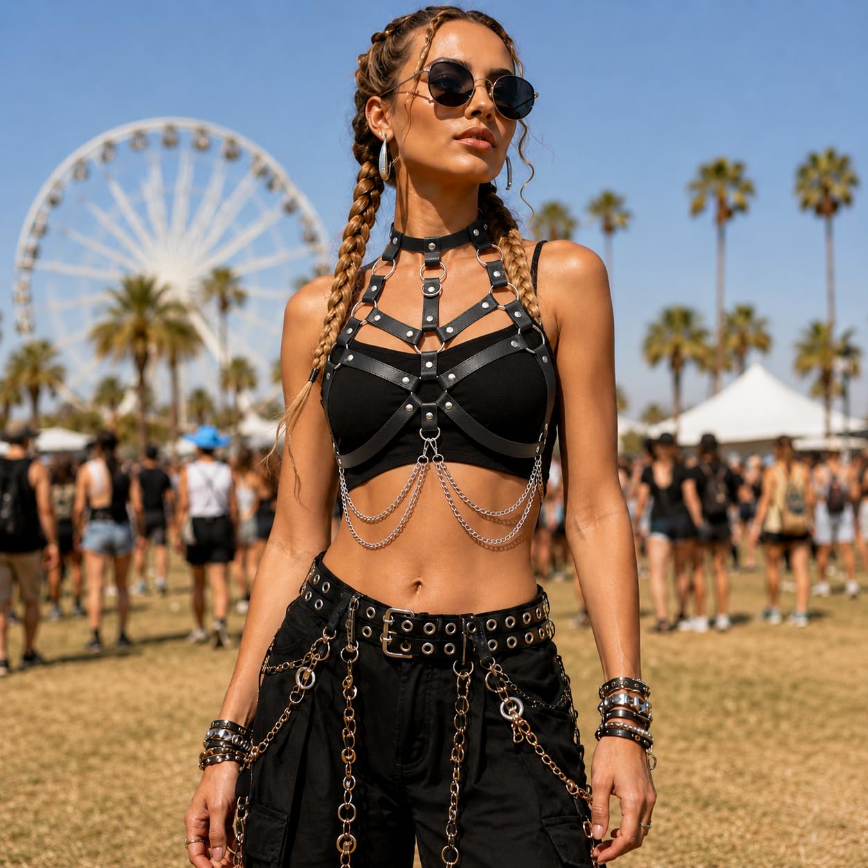 Women‘s Leather Chest Harness Top – Gothic Black Body Strap Belt, Punk Chain Harness for Festival Cosplay Rave Party Outfit
