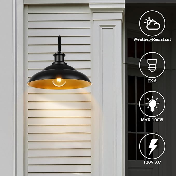 Dusk to Dawn Outdoor Gooseneck Barn Light Fixtures, 16 Inch Dome Large Wall Sconce Farmhouse Exterior Wall Mount Light for House Garage Patio Doorway, 2 Pack