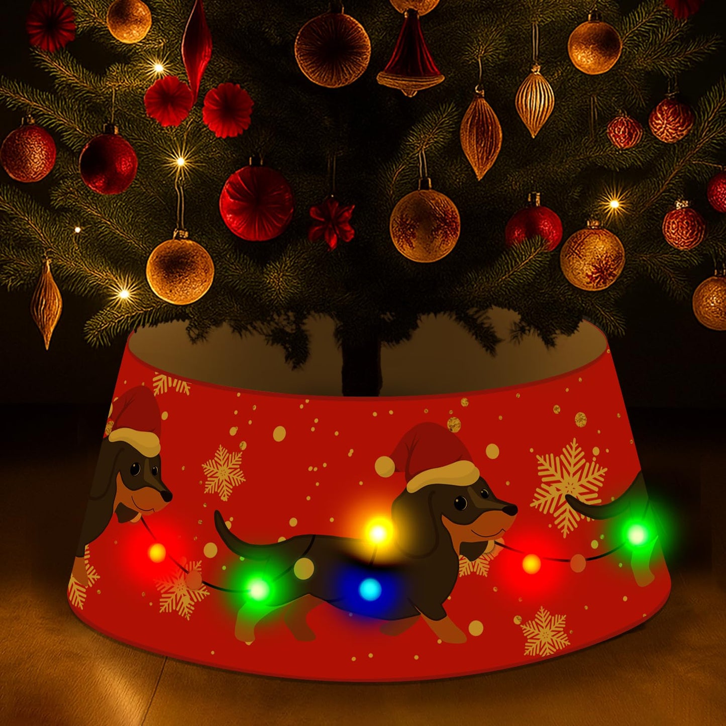 Dog Christmas Tree Collar Dachshund Christmas Decor Red Tree Skirt with LED Light Ring Base Cover for Christmas Trees Decoration Holiday Indoor Outdoor