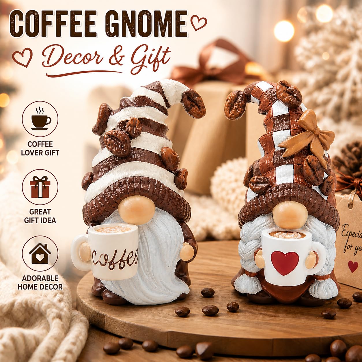 Hodao Gnome Decor Set of 2 Resin Coffee Lover Gifts with Mug, Cute Tiered Tray Figurines for Kitchen Shelf, Farmhouse Countertop, Desktop Accent, Spring Home Display