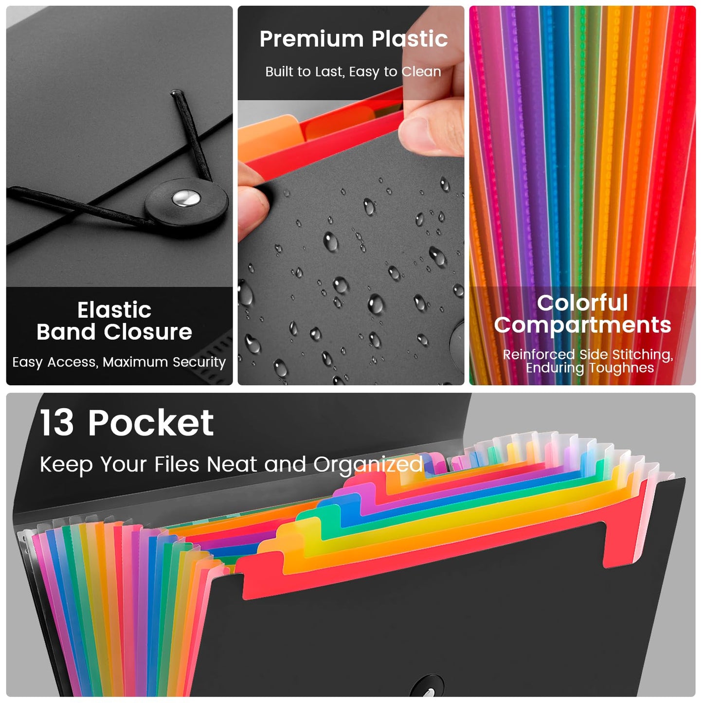6 Pack Accordion File Organizer with Labels, 13 Pocket Expanding File Folder for Letter Size A4 Papers, Ideal for Home, Office Supplies, College Essentials