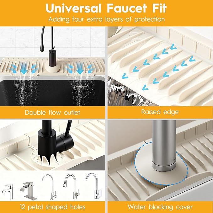24" Silicone Faucet Mat for Kitchen Sink Released in 2025/12TH, 8° Slope Fast