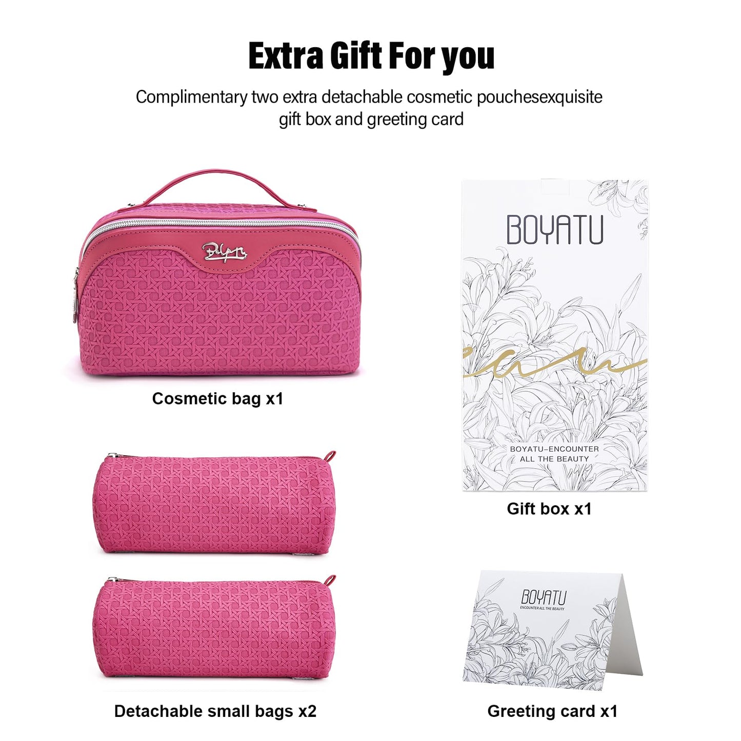 BOYATU Travel Makeup Bag Cosmetic Bags for Women: Large Capacity 3 Pcs Set Make up Bag with Compartments - Waterproof Vegan Leather Toiletry Organizer Bags with Handle (M-73Rose)