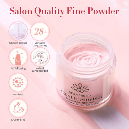 BORN PRETTY Acrylic Nail Kit - Acrylic Powder (Clear, White, Pink) & Liquid Set with Nail Forms, Brush Pen, File & Glass Container - Beginner Friendly