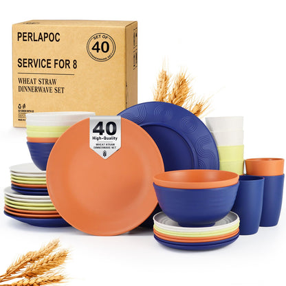 Wheat Straw Dinnerware Set 40-Piece Service for 8 Unbreakable Dishes Set Plates and Bowls Sets Drinking Glasses Microwave Safe Dish Set Lightweight Dinnerware Set for Home & Kitchen - Yellow