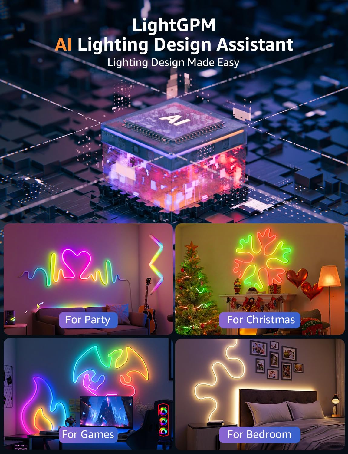 Lepro N1 AI Smart RGB Rope Lights for Christmas, Personalized AI Lighting Designer, LightBeats Music Sync, Color Segment DIY, Voice Control Via App, 9.84ft Wi-Fi & Bluetooth LED Strip Lights