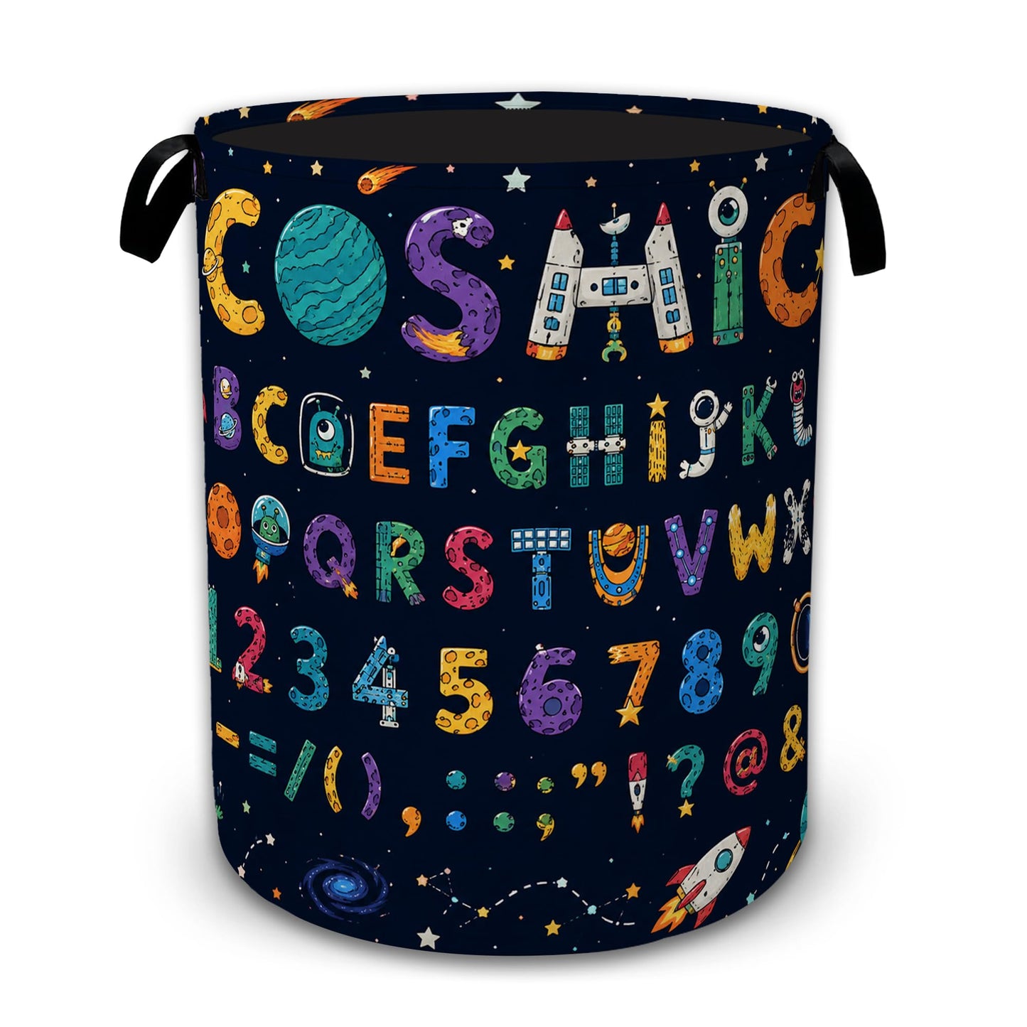 Cosmic Alphabet Space Collapsible Laundry Hamper for Bedroom, Freestanding Oxford Clothes Basket, Large Foldable Storage Bin with Easy-Carry Handles for Bathroom Dorm Laundry Room