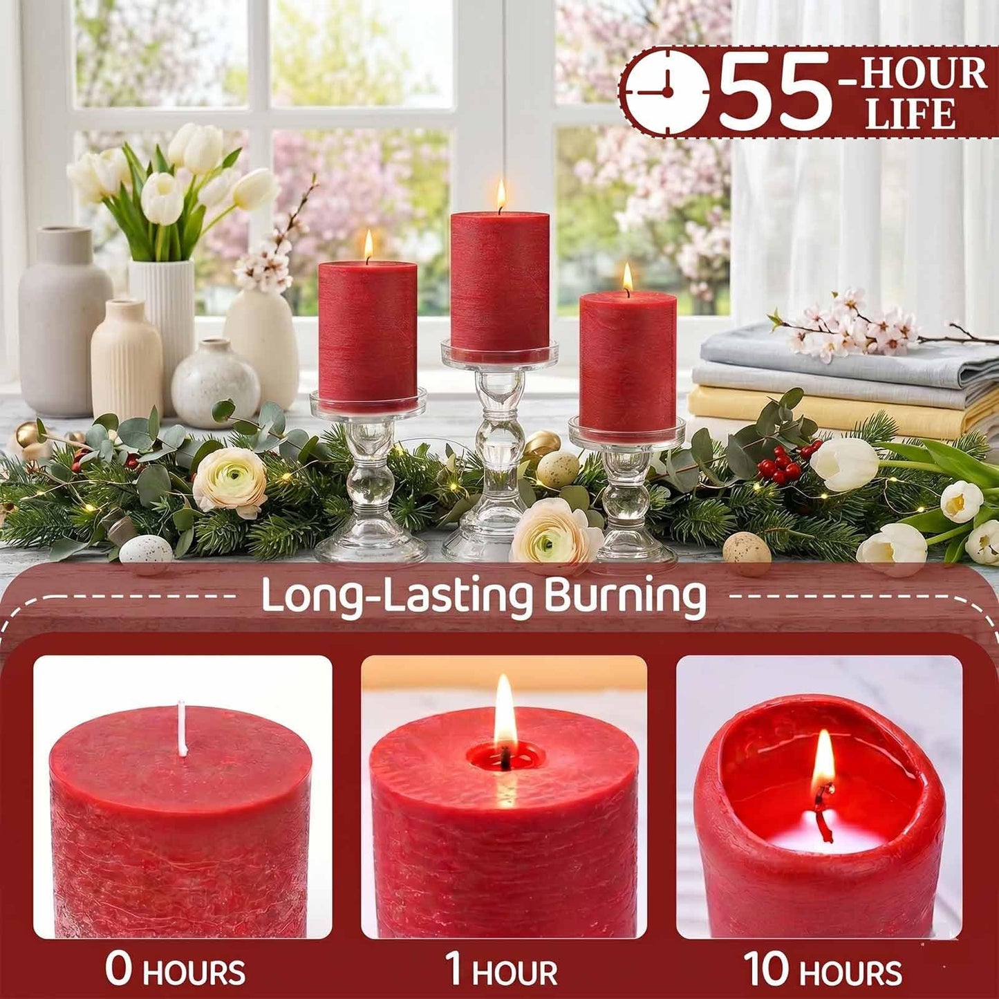 Red Rustic Pillar Candles 6 Pack, 2.8" x 4" Soy Wax Candles, Up to 55 Hours Burn Time, Smokeless Unscented Farmhouse Candles for Home Decor, Wedding & Emergency Use