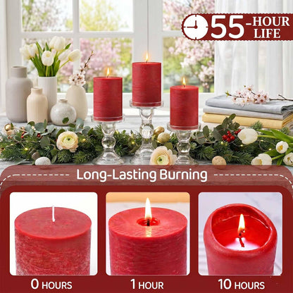 Red Rustic Pillar Candles 6 Pack, 2.8" x 4" Soy Wax Candles, Up to 55 Hours Burn Time, Smokeless Unscented Farmhouse Candles for Home Decor, Wedding & Emergency Use