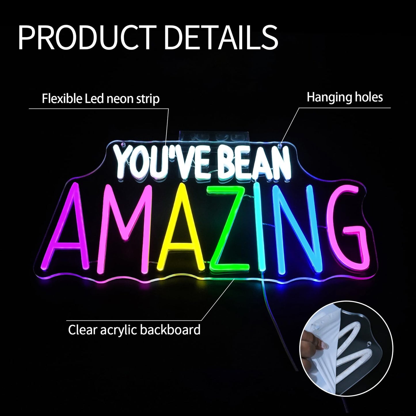 Virlusy You've Bean Amazing Neon Sign for Wall Decor Dimmable Positive Letters Led Light Up Signs LED Neon Light for Classroom Decor for Library Study Room Cafe Bedroom Art Decor Birthday Gift