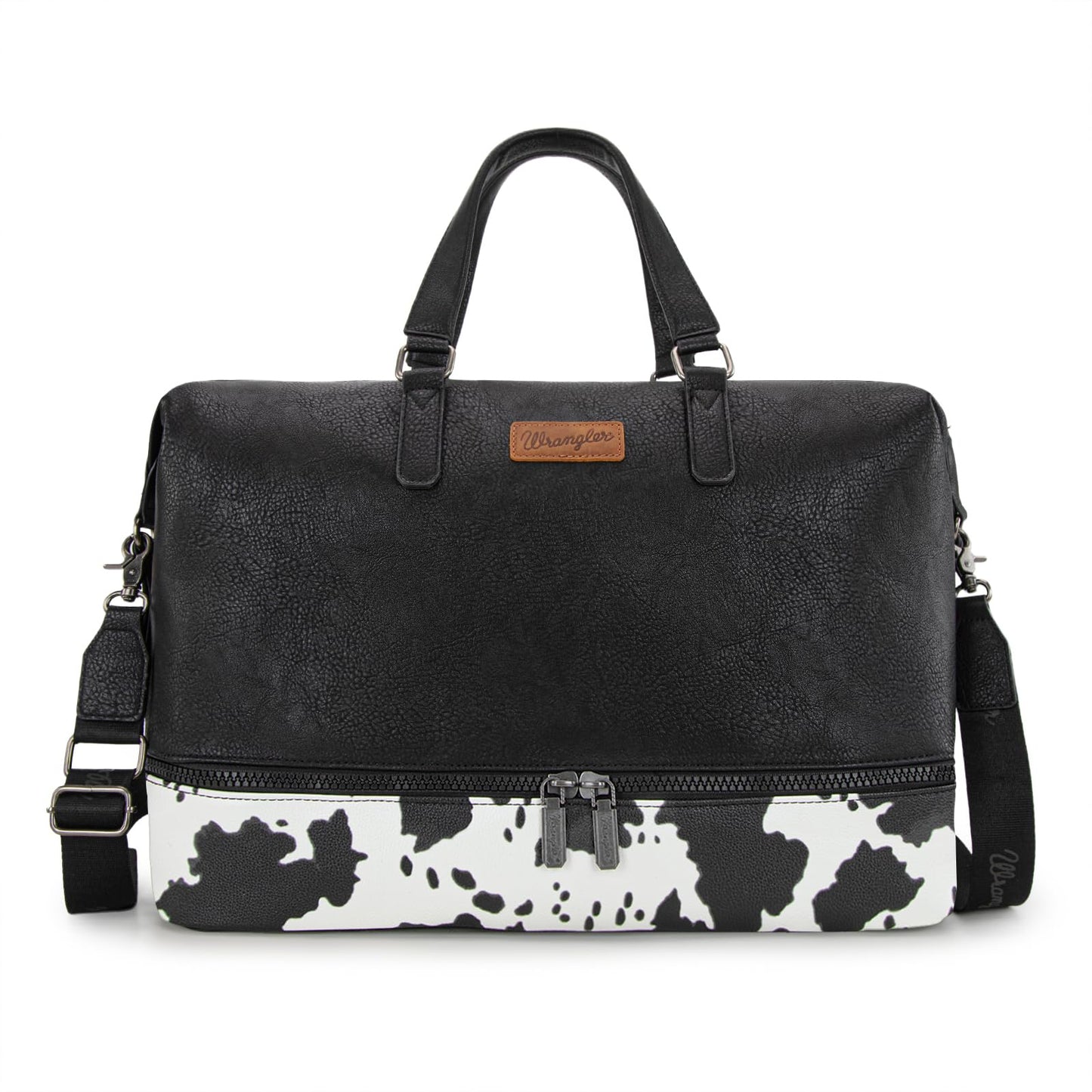 Wrangler Travel Duffel Bag Carry On Overnight Bag with Shoe Compartment Cow Print Weekender Bag for Women WG253-5110COW-BK