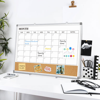 QUEENLINK Dry Erase Calendar Board for Wall, 24"x18" Magnetic Whiteboard Calendar Double-Sided Monthly White Board with Cork Board, Aluminum Frame Memo Message Board for Office, Home, School, Kitchen