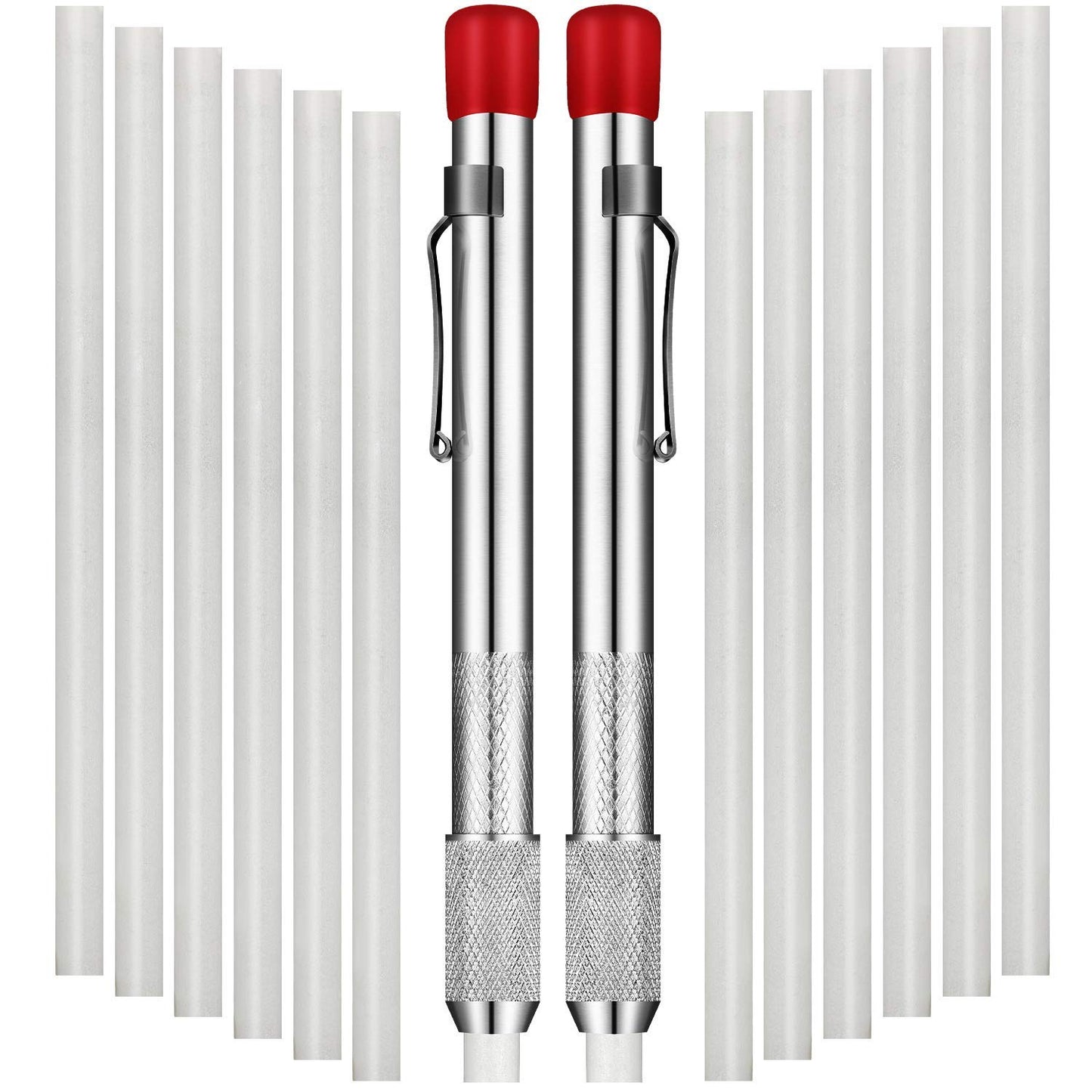 Mudder 2 Pieces Soapstone Pencil Holders Round Soapstone Marker Chalk Pencil with 12 Pieces Refills for Welding Tools and Markers Removable Markings on Metal, Aluminum, and Cast