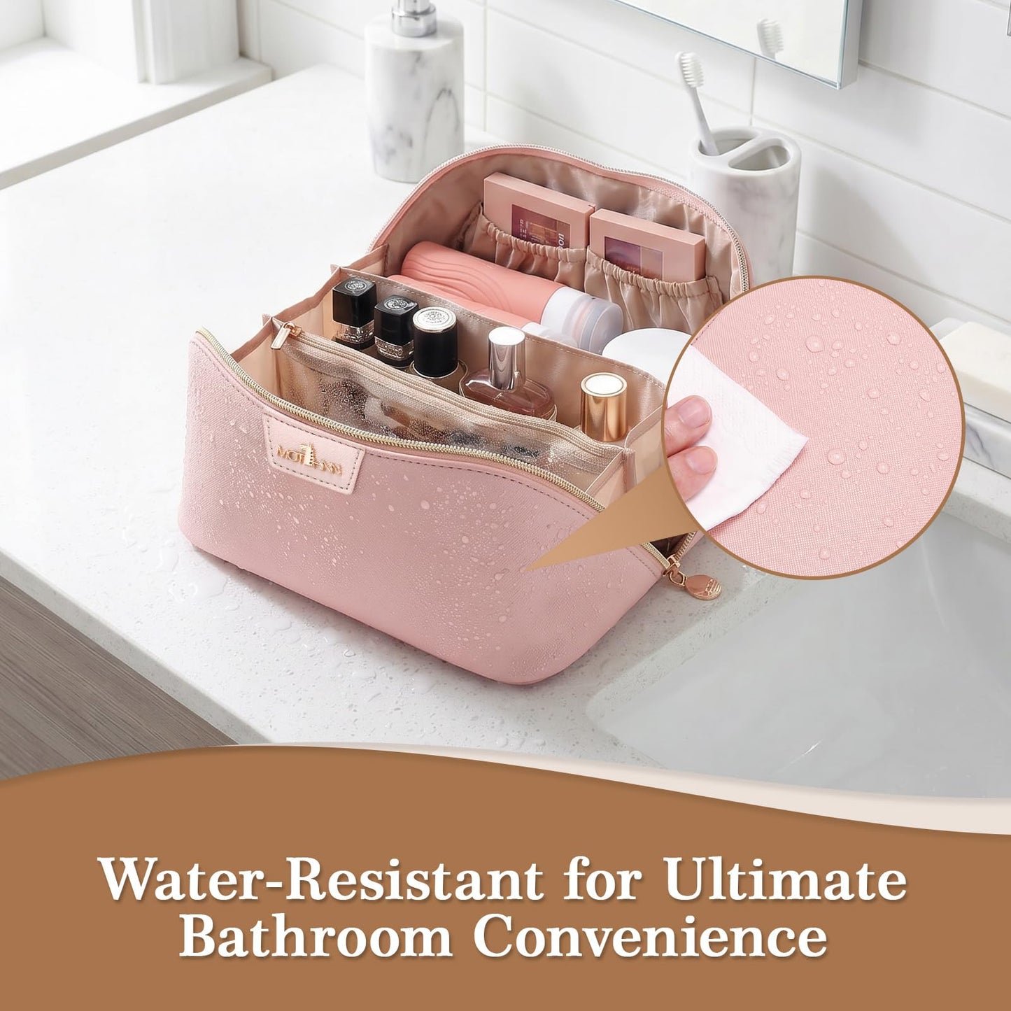 MOT HINN Travel Makeup Bag for Women: 3-in-1 Large Capacity Cosmetics Organizer with 2 Detachable Pouch - Vegan Leather Flat Open Toiletry Bag - Portable Travel Essentials for Full-Sized Bottles(Pink)