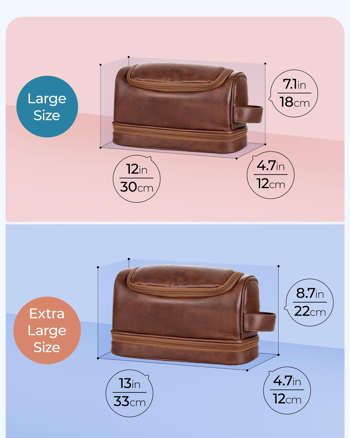 Elviros Toiletry Bag for Mens PU Leather Travel Organizer Kit with Hanging hook, Large Water-resistant Toiletries Bathroom Shaving Bag, Gift For Men (Dark Brown)
