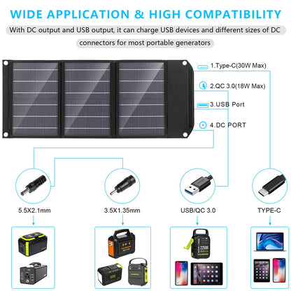 MARBERO Portable Solar Panel 30W Solar Panel Charger 23% High Efficiency Foldable Solar Panels QC3.0 USB & DC Port Compatible with Cell Phone Ipad Laptop IP65 Waterproof for Camping Outdoor Cloudy
