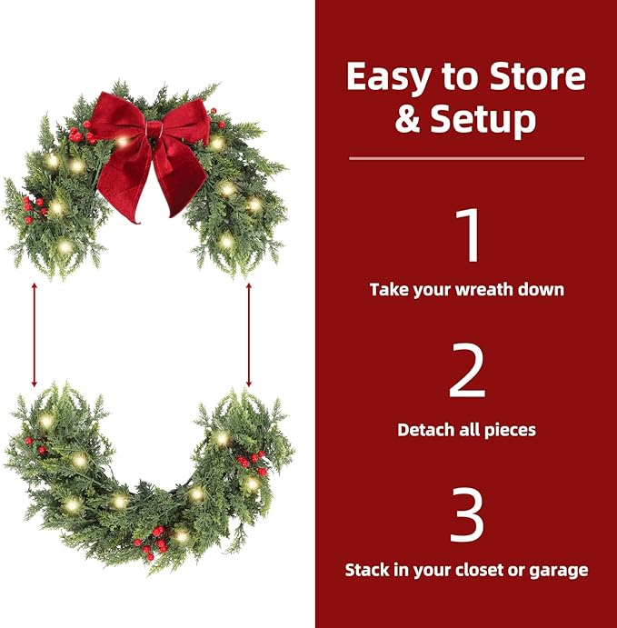 26 Inch Christmas Wreaths for Front Door with Lights,Lighted Cedar Door Wreath,Prelit Real Touch Artificial Green Winter Wreath with Large Burgundy Velvet Bow for Indoor Outdoor Decor