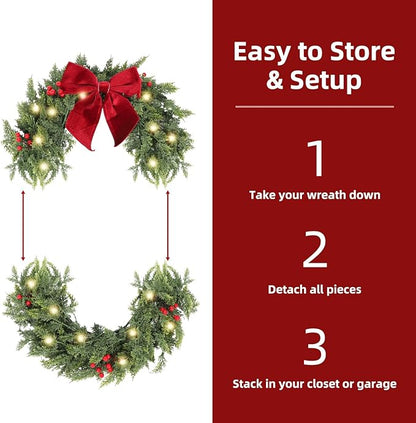 26 Inch Christmas Wreaths for Front Door with Lights,Lighted Cedar Door Wreath,Prelit Real Touch Artificial Green Winter Wreath with Large Burgundy Velvet Bow for Indoor Outdoor Decor