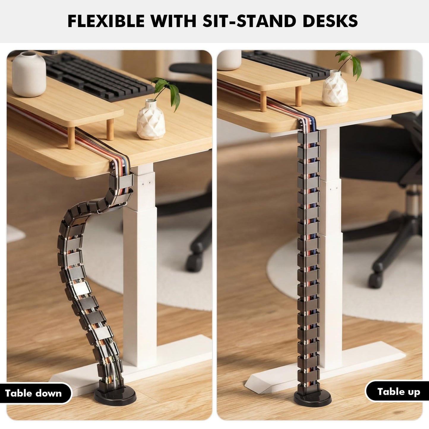 Yaomiao 4 Pack Under Desk Vertebrae Cable Management Kit Standing Desk 48'' Adjustable Quad Entry Flexible Cord Organizer with Ties, Stick-on Clips Cable Management Set for Home User Office Worker