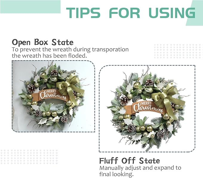Christmas Wreath for Front Door 24" Green Leaf Wreath for Window Home Porch Farmhouse Garden Indoor Outdoor Decor with Ribbon Bow Flash Ball for All Season