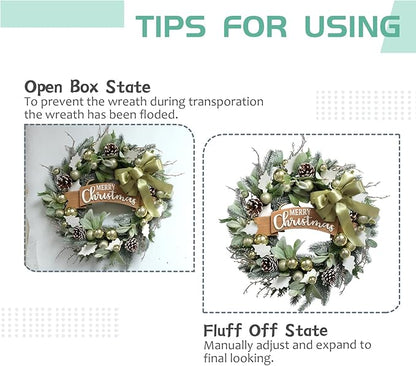 Christmas Wreath for Front Door 24" Green Leaf Wreath for Window Home Porch Farmhouse Garden Indoor Outdoor Decor with Ribbon Bow Flash Ball for All Season