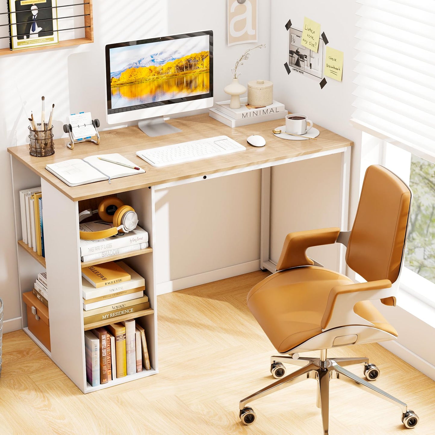 Tangkula Computer Desk with Storage Shelves, Home Office Desk with 5 Side Shelves & Metal Frame, Space Saving Laptop PC Desk, Writing Study Desk, Modern Vanity Desk for Bedroom (Natural)