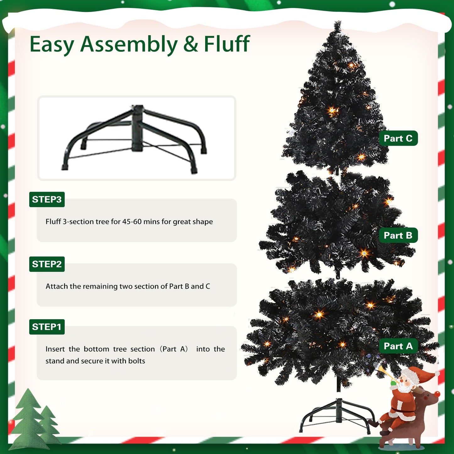 6Ft Artificial Christmas Tree with Metal Stand for Holiday Festival Parties Home Office Decor, 8 Modes 200 LED Warm White Lights Included