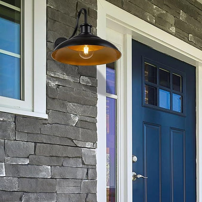 Outdoor Barn Gooseneck Light Fixture, Farmhouse 16 Inch Dome Large Black Exterior Wall Sconce, Industrial Wall Lantern for Porch, House, Garage, Patio, Front, 2 Pack
