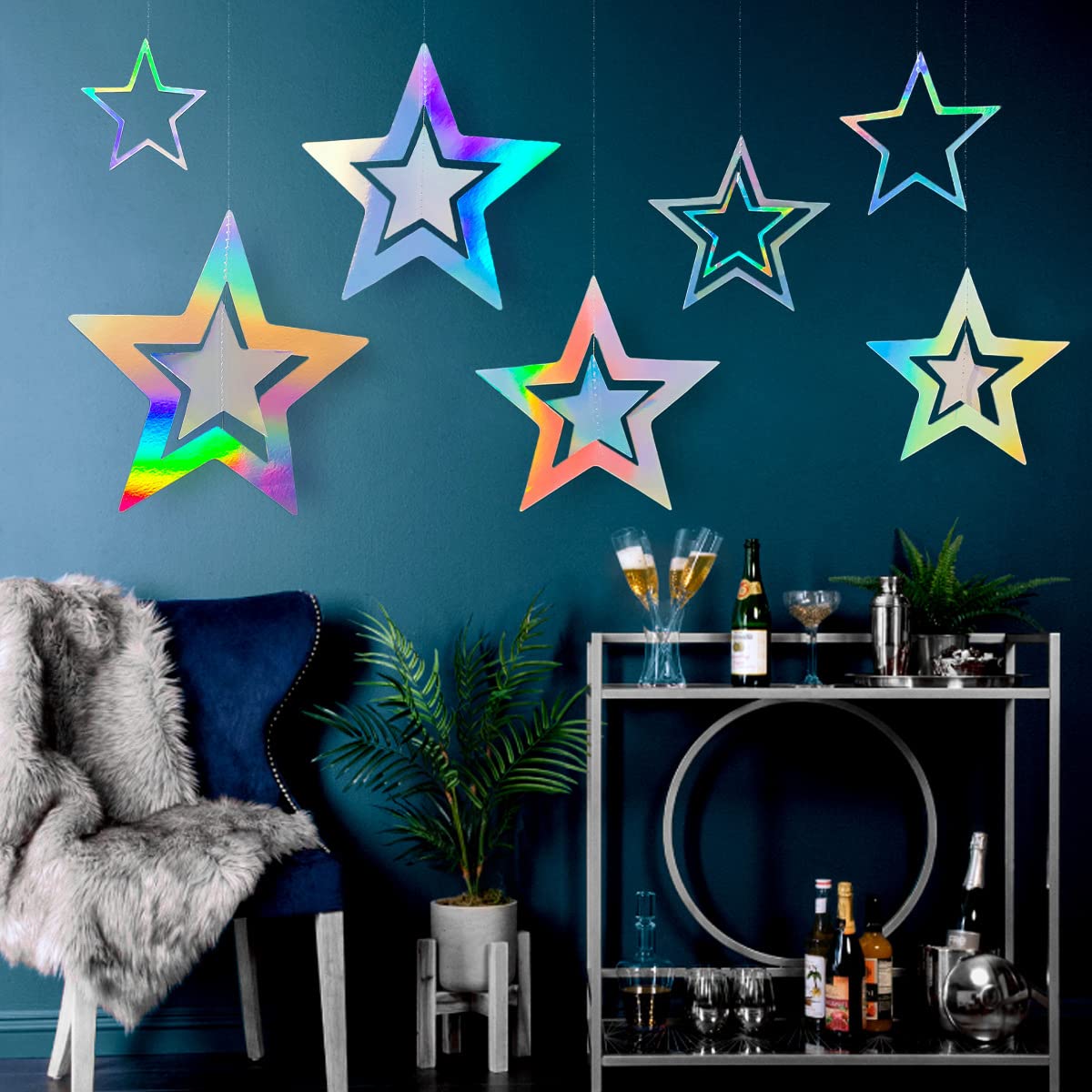 Goresory Star Party Decoration 3D Laser Streamer Backdrop Banner Iridescent Party Supplies Holographic Little Stars Garlands for Birthday Baby Shower Graduation Wedding