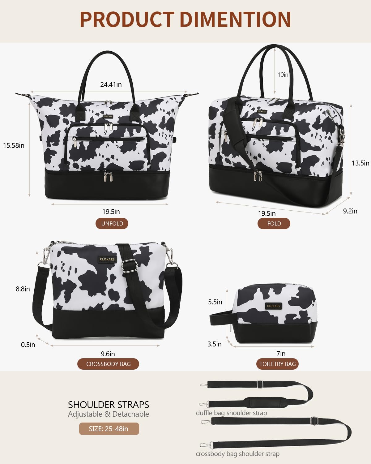 CLOKARS Weekender Bags for Women, Travel Duffle Bag Carry On Overnight Bag with Cosmetics Bag and Crossbody Purse for Gym Hospital, Gifts for Women, Cow Print Black
