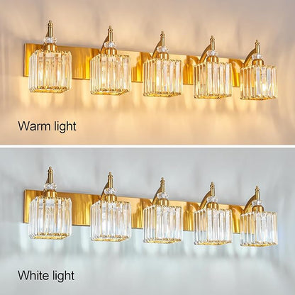 5-Light Crystal Vanity Lights - Gold, Modern Over-Mirror Bathroom Light Fixtures