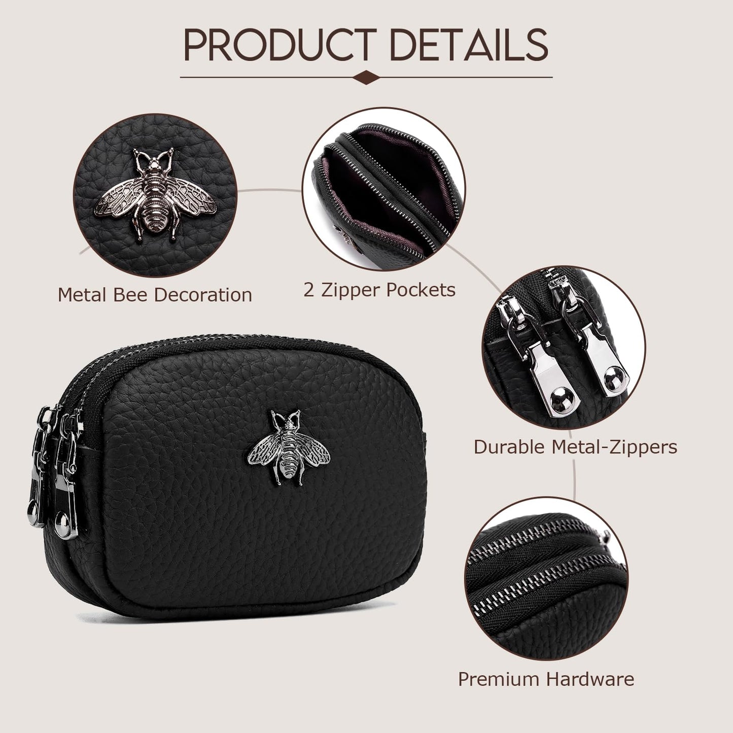 imeetu Women Leather Coin Purse, Small 2 Zippered Change Pouch Wallet(Black)