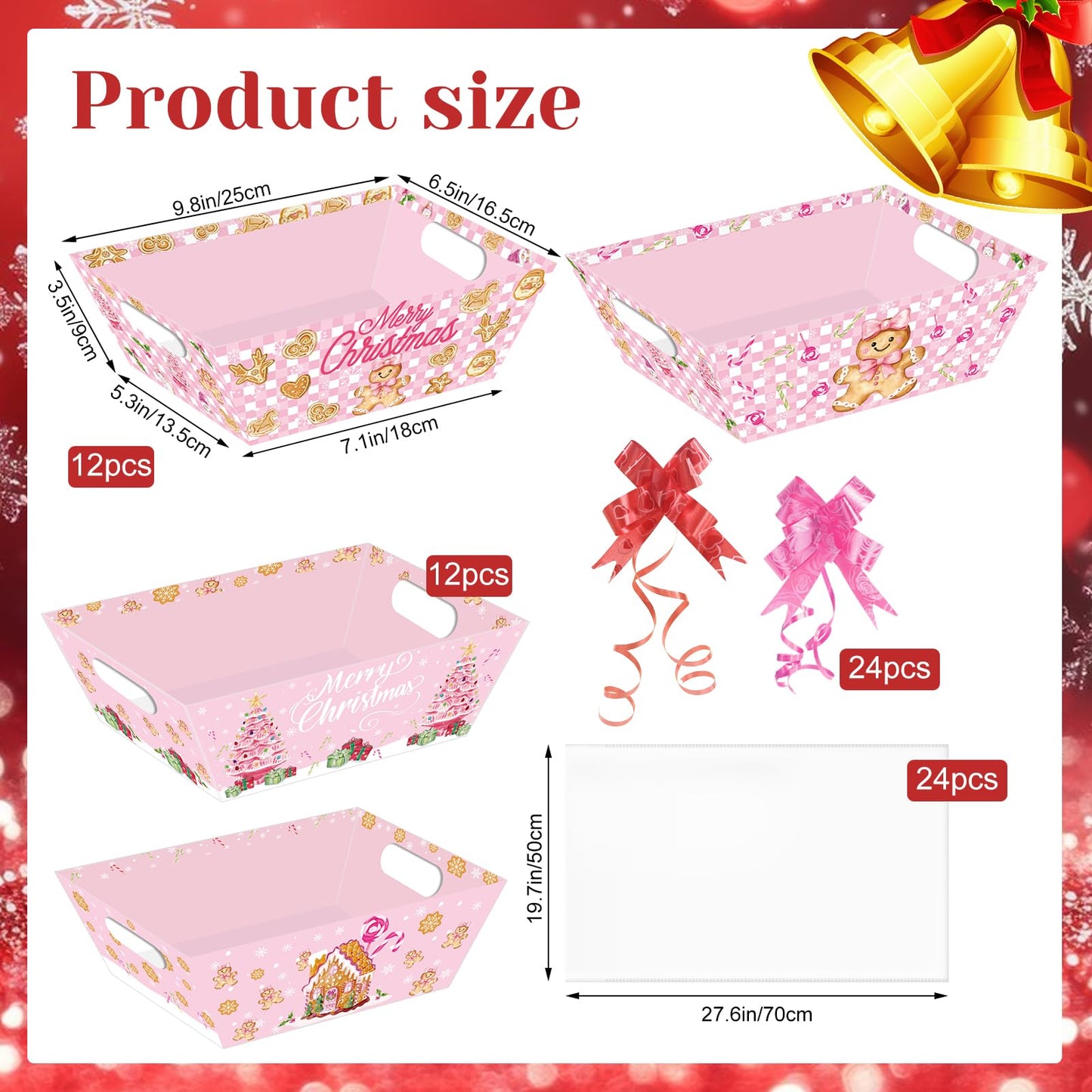 CIEOVO 24 Set Christmas Party Baskets with Cellophane Bows Market Tray Pink Christmas Baskets for Gifts Empty Gingerbread Man Cardboard Bags for Xmas Holiday Party Decor