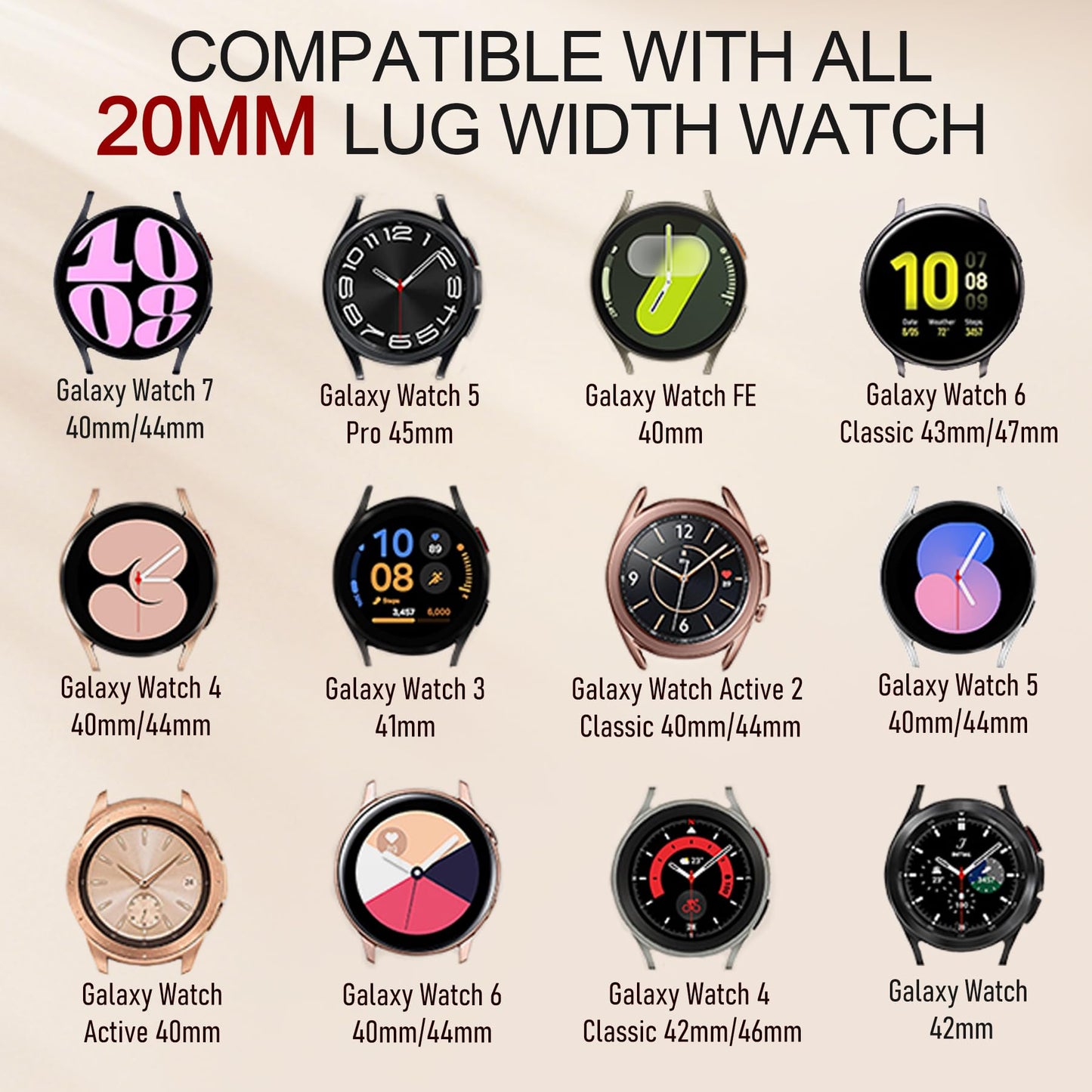 JR.DM 2 Pack Slim Leather Bands Women Compatible with Samsung Galaxy Watch 7/6/5/4/Active 2/4 Classic/6 Classic/5 Pro/FE 40mm 42mm 43mm 44mm 45mm 46mm 47mm, Top Leather Soft Watch Thin Straps，20mm