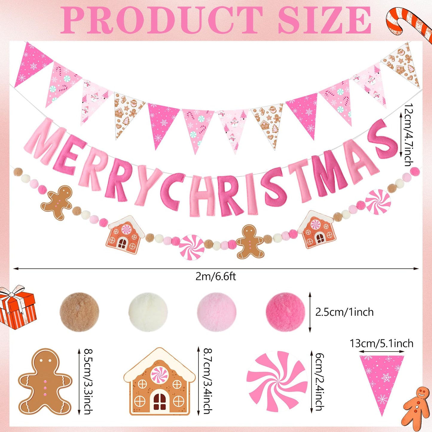 VitalCozy 3 Pcs Pre Strung Merry Christmas Banner Felt Merry Christmas Garland Felt Pennant Flag Xmas Sign Outdoor Indoor Decoration for Holiday Party Supplies Home Porch (Pink, White, Gingerbread)